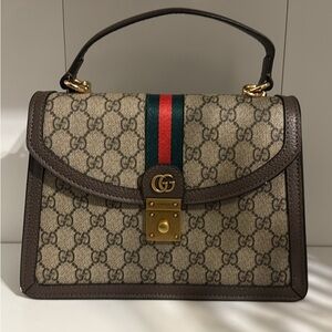 Gucci Beige and Brown Satchel with Red and Green Stripe